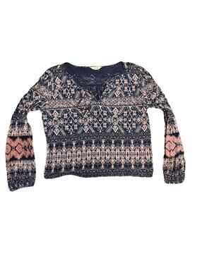 Lucky Brand Women long sleeve aztec top large Cotton/modal Boho Hippie Blue Pink